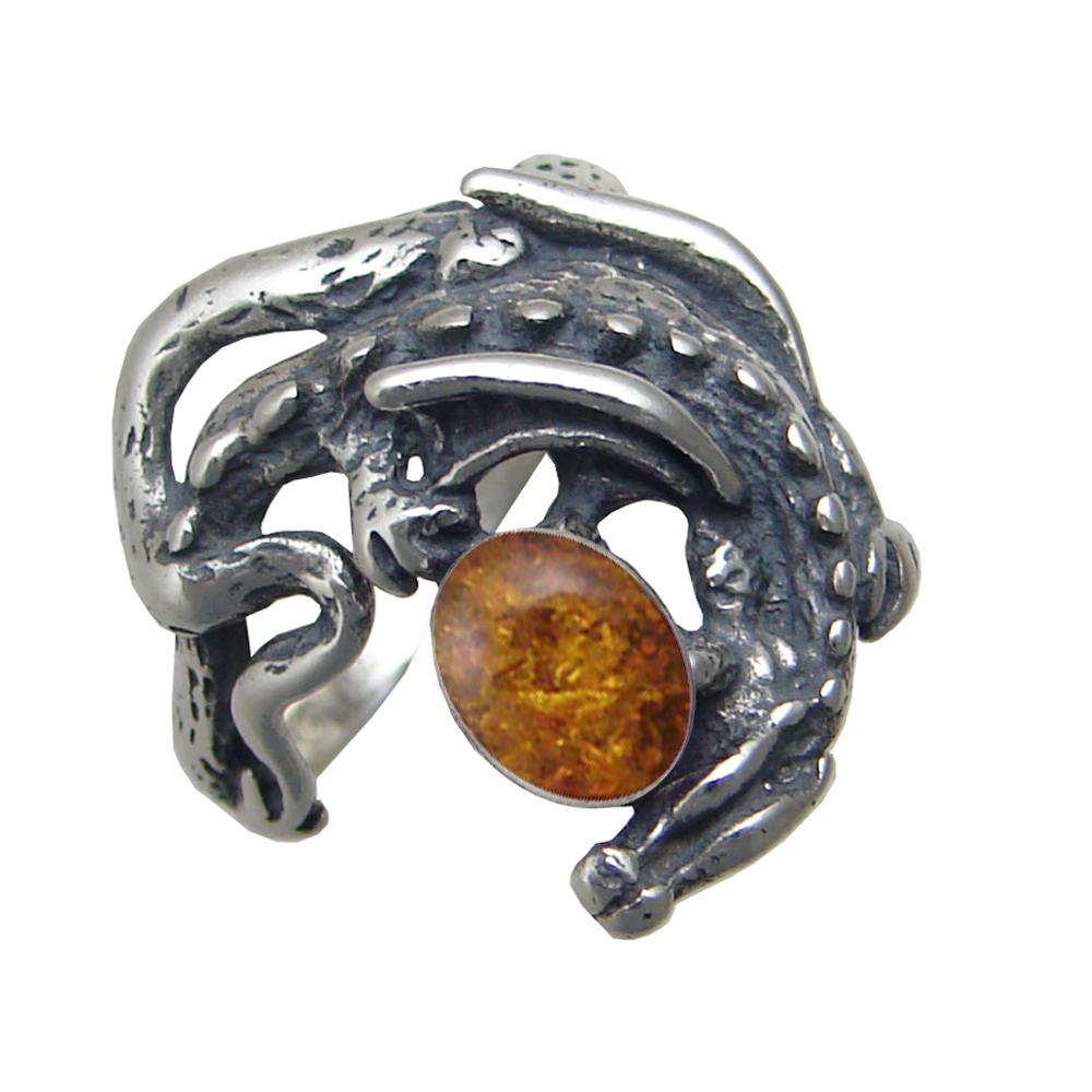 Sterling Silver Dragon of Protection Ring With Amber Size 8